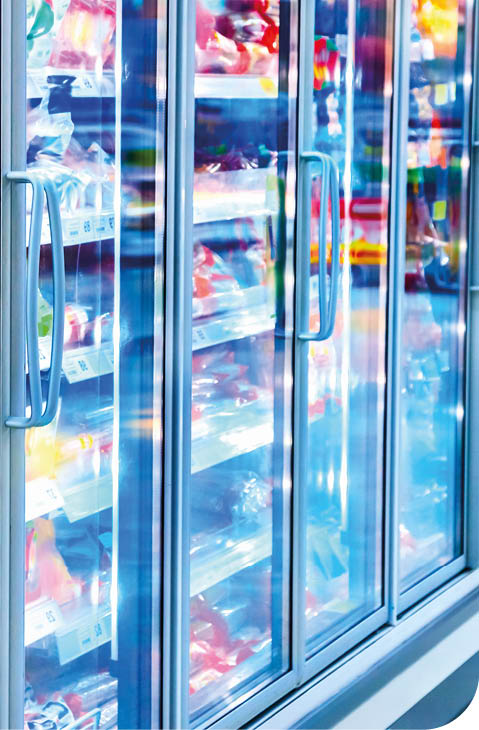 A refrigerator with a blue light inside. Description generated by AI