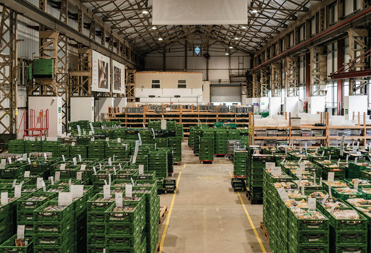 A large warehouse filled with green crates. Description generated by AI