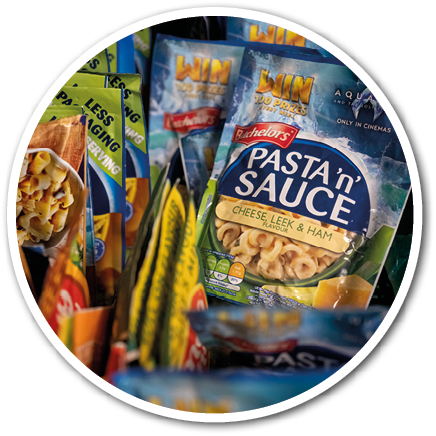 A package of pasta sauce with a blue label. Description generated by AI