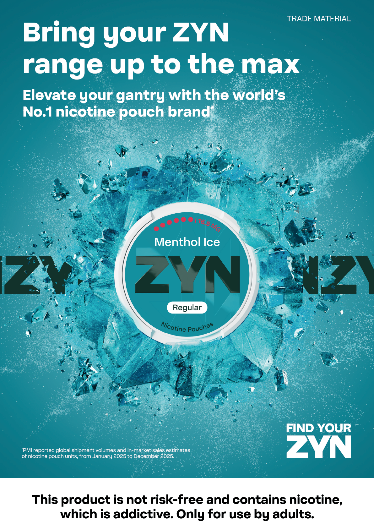 A blue and white advertisement for Zyn. Description generated by AI