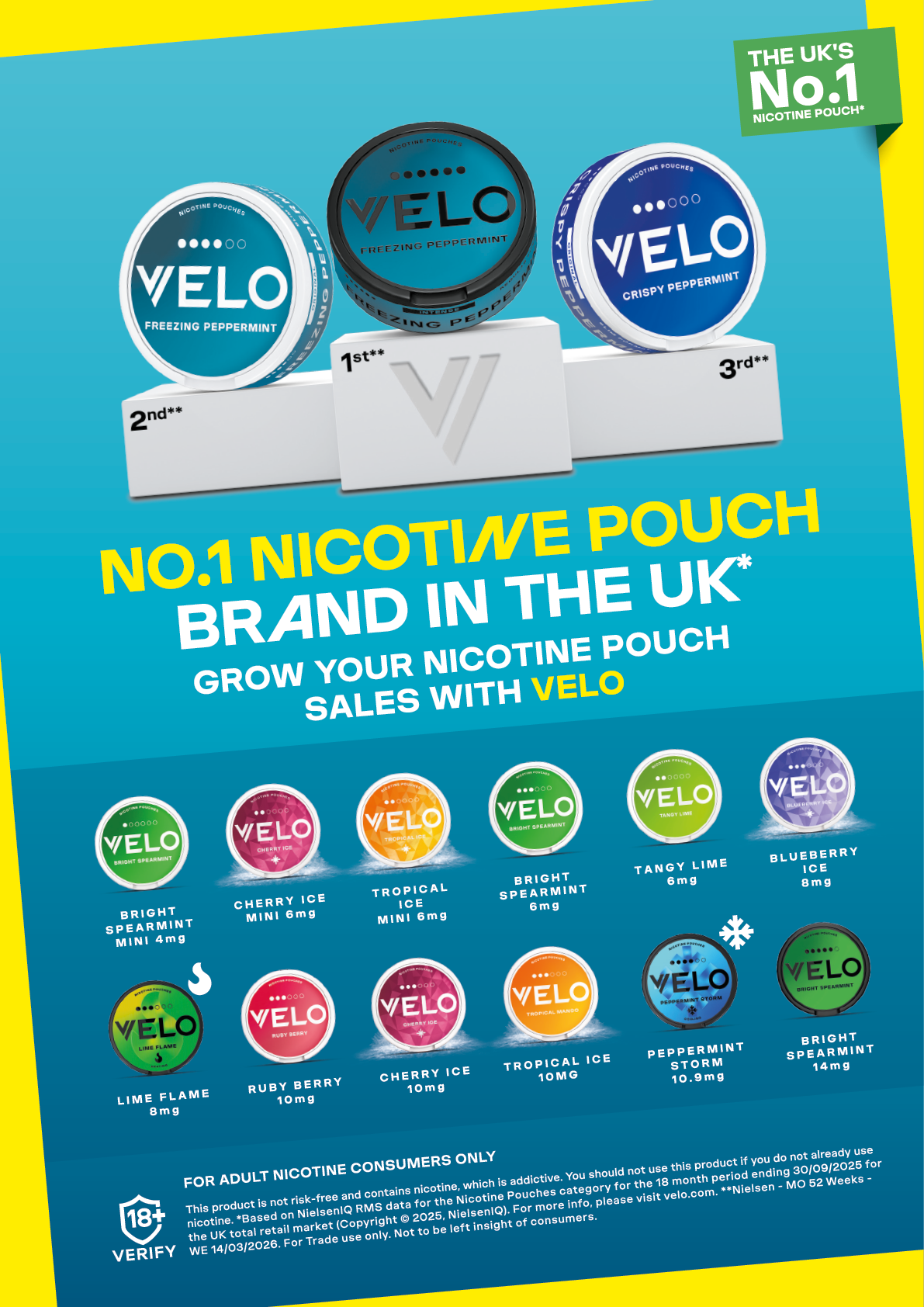 A colorful advertisement for Velo brand nicotine pouches. Description generated by AI