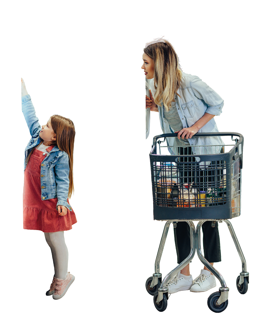 A woman is pushing a shopping cart with a little girl standing on it. Description generated by AI