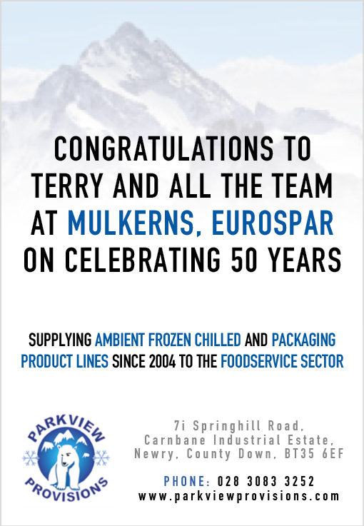 A congratulatory sign for Terry and all the team at Mulkerrins, Eurospar on celebrating 50 years. Description generated by AI