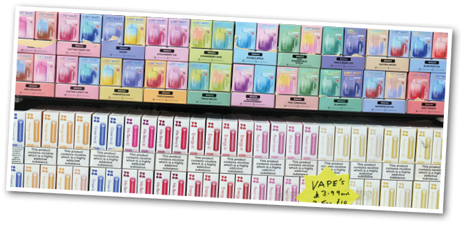 A display case filled with many different colored vapes. Description generated by AI