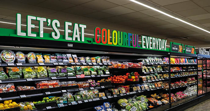 A store with a sign that says “Let's eat colorful every day". Description generated by AI