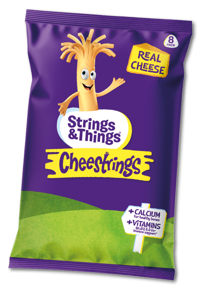 A purple bag of cheese strings. Description generated by AI