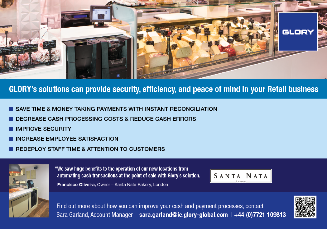 A blue and white advertisement for Glory Solutions. Description generated by AI