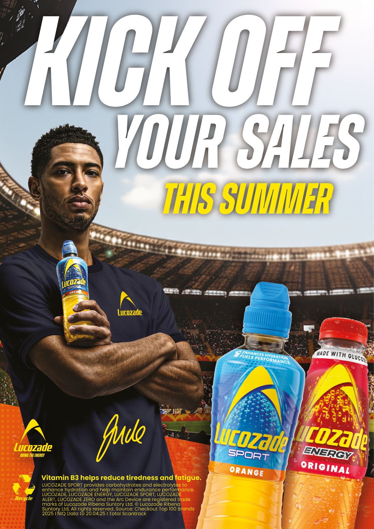 A man holding a bottle of Lucozade. Description generated by AI