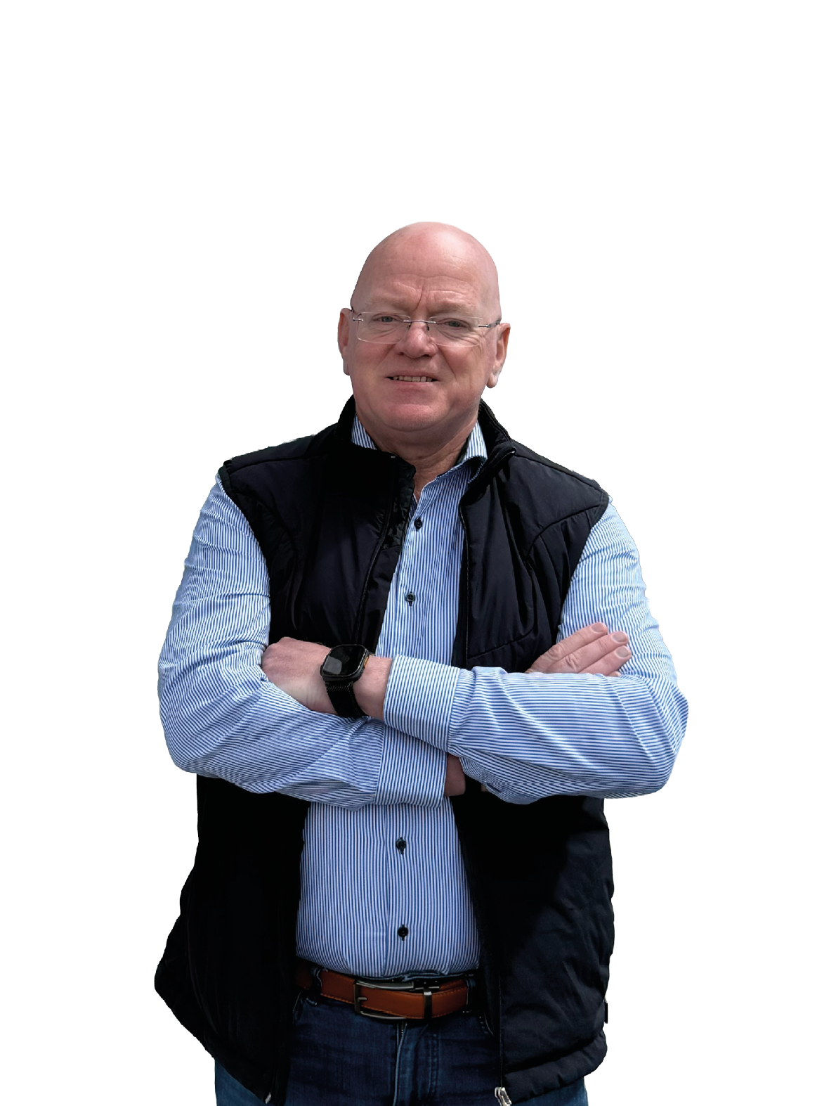 A man with a blue shirt and a black vest. Description generated by AI
