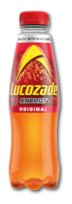 A bottle of Lucozade energy drink. Description generated by AI