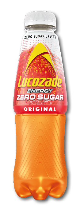 A bottle of Lucozade energy drink. Description generated by AI