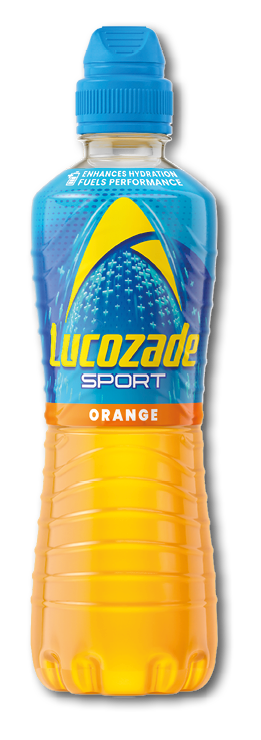 A bottle of Lucozade Sport Orange. Description generated by AI