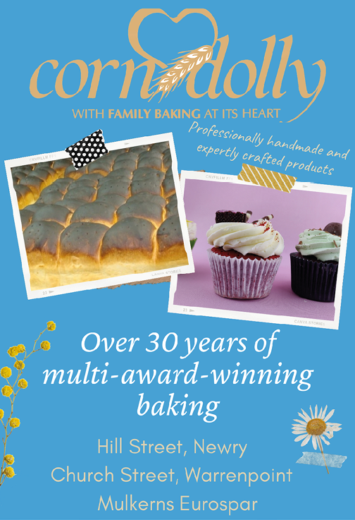 A poster advertising Cornedolly with a cake and cupcakes. Description generated by AI