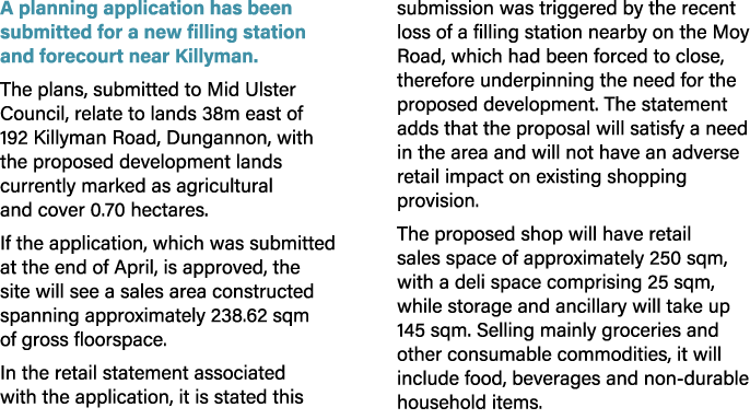 A planning application has been submitted for a new filling station and forecourt near Killyman. The plans, submitted...