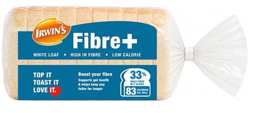 A loaf of bread with a blue label that says “Irwin's Fibre +". Description generated by AI