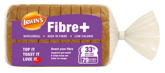 A loaf of bread with the words “Irwin's Fibre +" on the label. Description generated by AI
