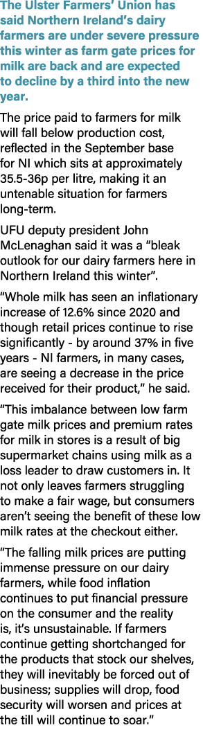 The Ulster Farmers’ Union has said Northern Ireland’s dairy farmers are under severe pressure this winter as farm gat...