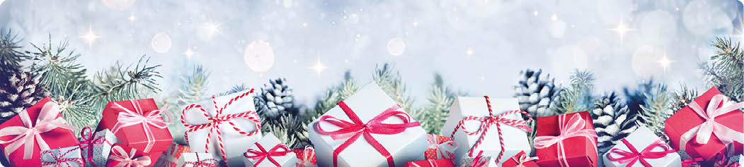 Gift Boxes In A Row On Fir Branches With Christmas Lights String - contains 3d illustrations