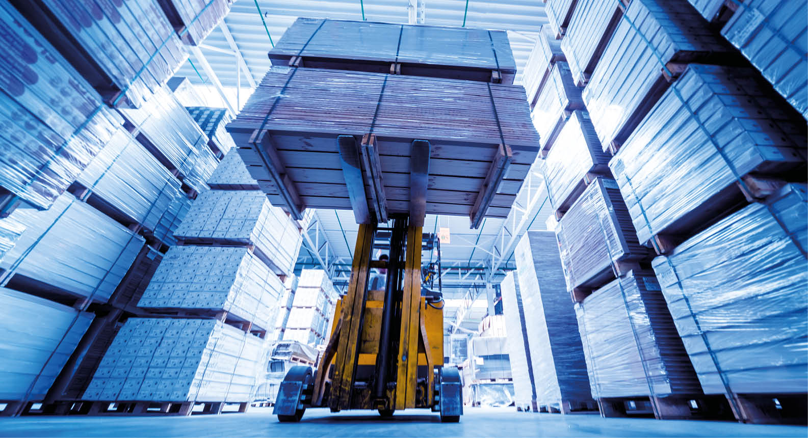 Forklift loader in storage warehouse ship yard. Distribution products. Delivery. Logistics. Transportation. Business background