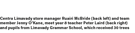 Centra Limavady store manager Ruairi McBride (back left) and team member Jenny O’Kane, meet year 8 teacher Peter Lair...