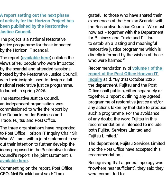 A report setting out the next phase of activity for the Horizon Project has been published by the Restorative Justice...