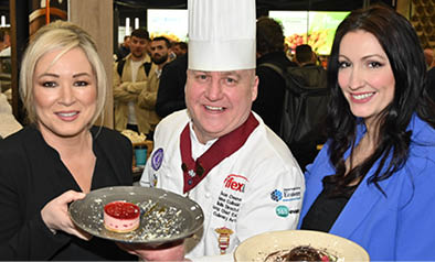 Recipe for Success at IFEX: Thousands attend food, drink, retail, foodservice and hospitality event at TEC Belfast.   First Minister, Michelle O’Neill, and deputy First Minister, Emma Little Pengelly, attended Day Two of the event, and are pictured with Sean Owens, Salon Culinaire Director, IFEX.   IFEX runs until 4pm on Thursday 7th March and visitors can register at www.IFEXexhibition.co.uk   Photo by Simon Graham