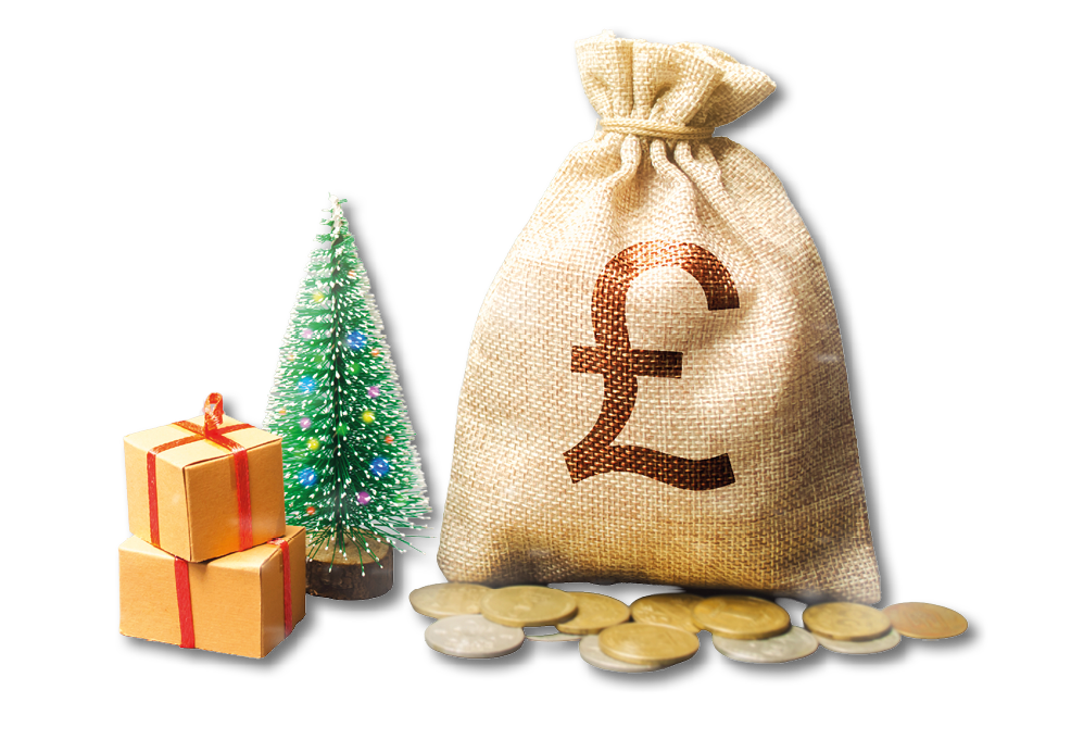 Money bag with coins and snowfall with tree. Business and finance. Loans, deposit, credit. New Year promotions and Christmas. Accumulation of money. Savings. Winter season. Pound sterling