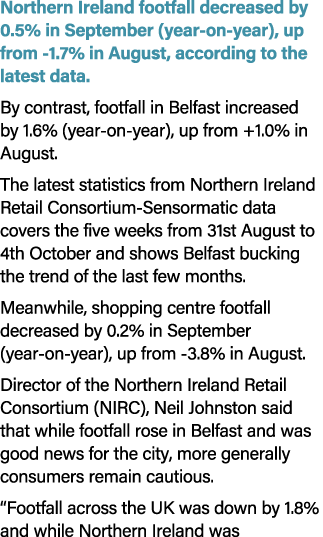 Northern Ireland footfall decreased by 0.5% in September (year on year), up from 1.7% in August, according to the lat...