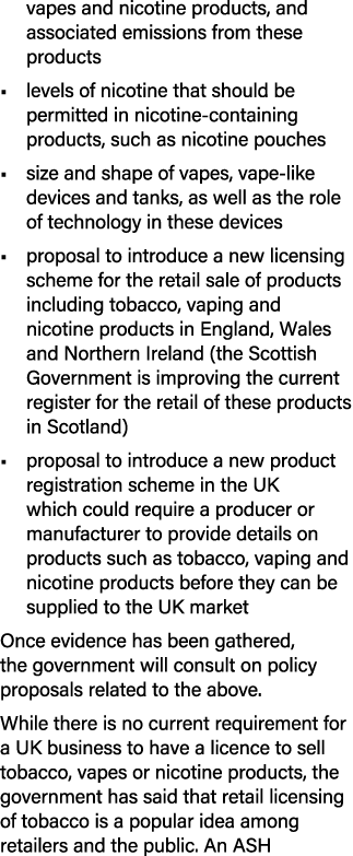 vapes and nicotine products, and associated emissions from these products • levels of nicotine that should be permitt...