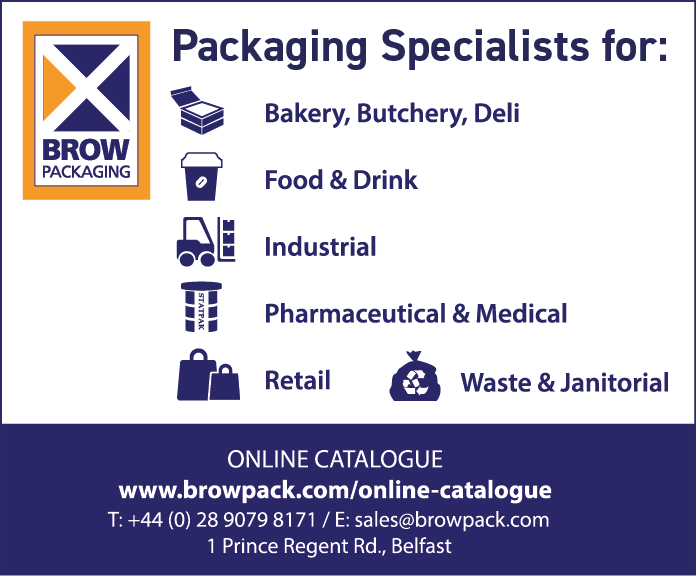 Brow Packaging advertises packaging specialists for bakery, butchery, deli, food and drink, industrial, pharmaceutical and medical, retail, and waste and janitorial sectors with contact details and an online catalogue link. Description generated by AI