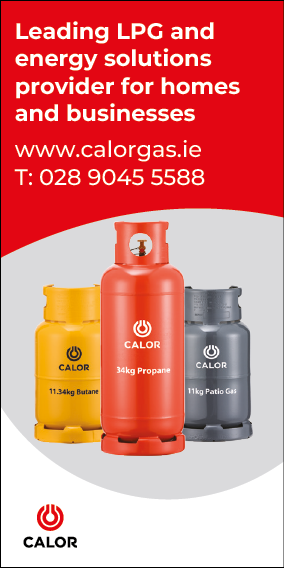 Three colorful Calor gas cylinders are displayed below text promoting LPG and energy solutions for homes and businesses with a website and phone number on a red and white background. Description generated by AI