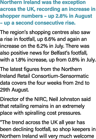 Northern Ireland was the exception across the UK, recording an increase in shopper numbers – up 2.8% in August – up a...