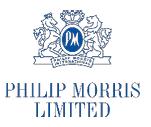 A blue emblem featuring two lions holding a crowned oval with the letters PM and a banner reading Philip Morris International above the text Philip Morris Limited. Description generated by AI