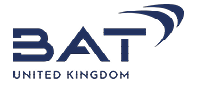 A blue and white logo for BAT United Kingdom. Description generated by AI
