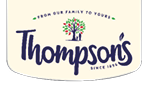 A logo with the text “Thompson's" in large script, a tree with red and green leaves above it, and the phrases "From our family to yours" and "Since 1896" surrounding the tree. Description generated by AI