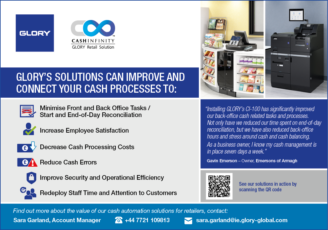 A promotional graphic for GLORY and CashInfinity highlights solutions to improve cash processes with benefits like reducing errors and increasing employee satisfaction, featuring a quote about improved back-office tasks and a contact for more information. Description generated by AI