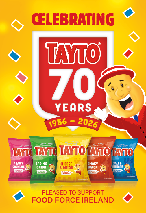 A colorful advertisement celebrating Tayto's 70 years with a cheerful mascot waving beside five different flavored chip bags and a message supporting Food Force Ireland. Description generated by AI