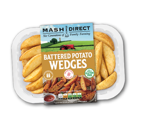 A package of Mash Direct battered potato wedges with labels indicating gluten-free and cooking instructions. Description generated by AI