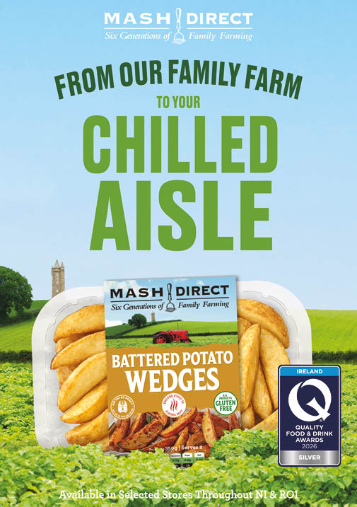 A package of Mash Direct battered potato wedges is displayed on a green field background with text promoting the product as coming from a family farm to the chilled aisle and showing a silver quality food and drink award. Description generated by AI
