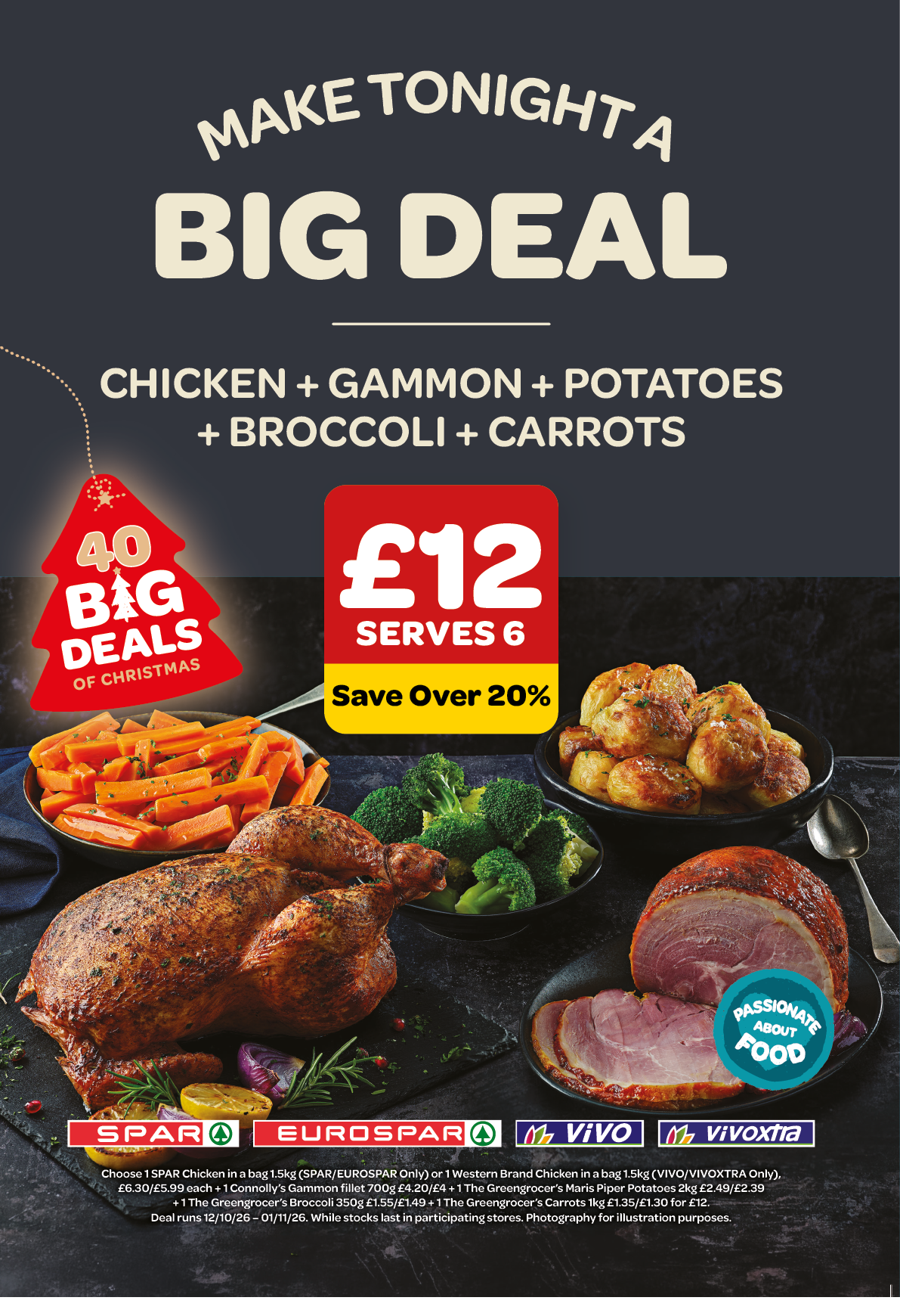 A festive meal featuring roasted chicken, gammon, potatoes, broccoli, and carrots is advertised as a big deal dinner serving six people with a discount offer. Description generated by AI