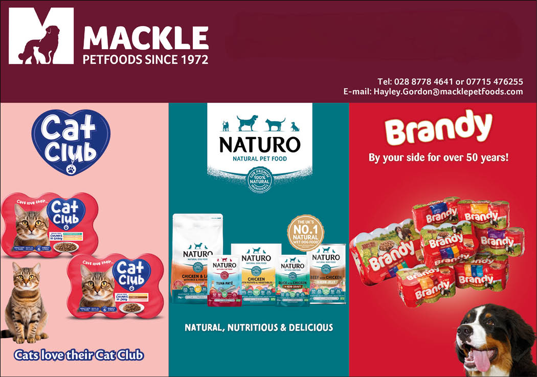 Three different pet food brands are displayed with packaging and promotional text including cats with Cat Club food, various Naturo natural pet food products, and Brandy dog food with a dog pictured. Description generated by AI