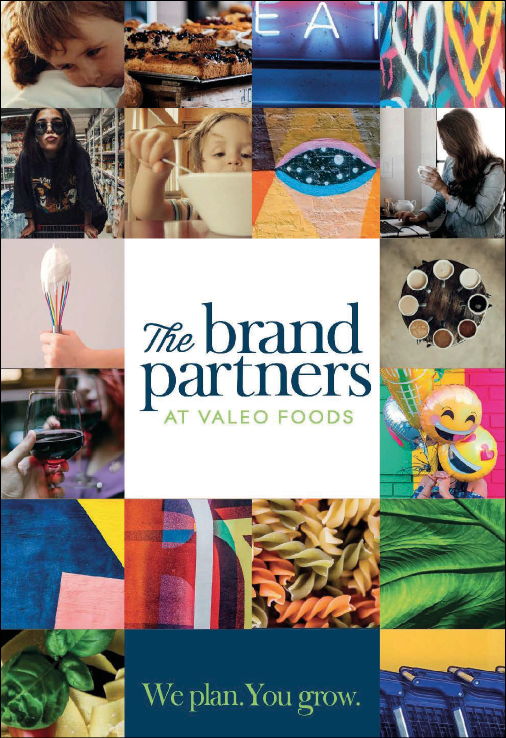 A colorful collage featuring people engaged in various activities, food items, abstract art, and the text “The brand partners at Valeo Foods" with the tagline "We plan. You grow." Description generated by AI