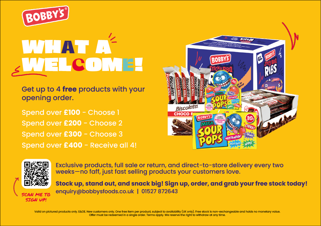 A promotional graphic for Bobby's offering up to four free snack products with an opening order based on spending thresholds, featuring images of various snack boxes and bars on a bright yellow background. Description generated by AI