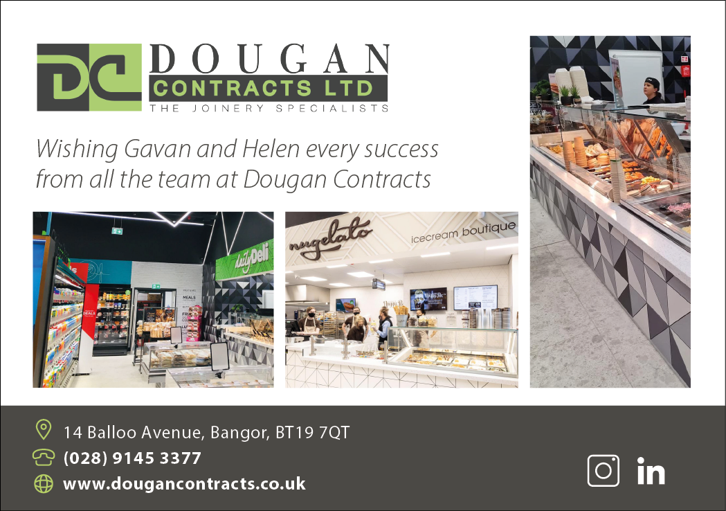 A promotional graphic from Dougan Contracts Ltd featuring a message of success to Gavan and Helen, with photos of modern food service counters and the company’s contact information. Description generated by AI