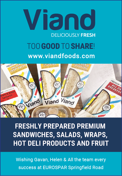 Viand advertisement showcasing freshly prepared premium sandwiches with a message wishing success to Gavan, Helen, and the team at EUROSPAR Springfield Road. Description generated by AI