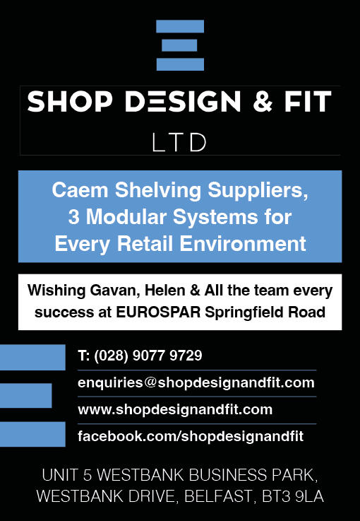 Shop Design & Fit Ltd advertises Caem shelving suppliers and modular systems for retail environments with contact details and a business address in Belfast. Description generated by AI