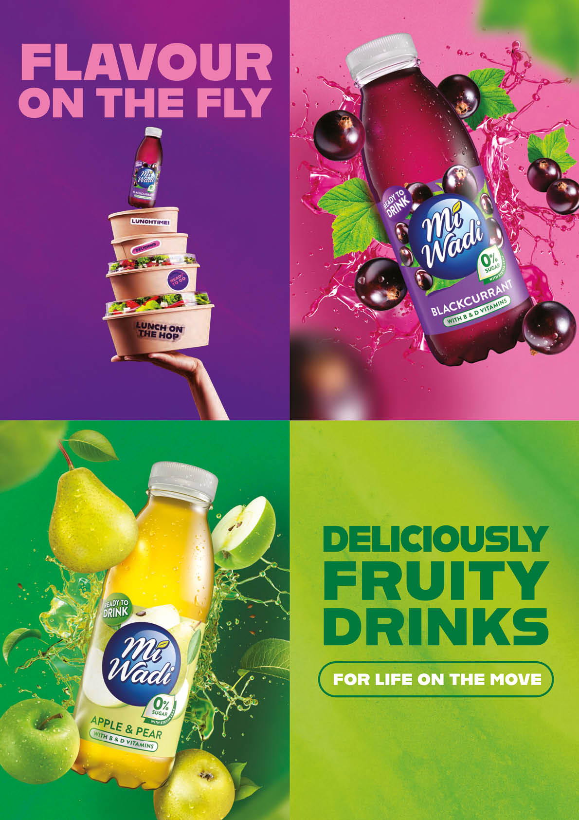 A vibrant advertisement showcases two flavors of Mi Wadi fruit drinks, blackcurrant and apple & pear, with fresh fruit splashing around the bottles and text highlighting “Flavour on the fly" and "Deliciously fruity drinks for life on the move." Description generated by AI