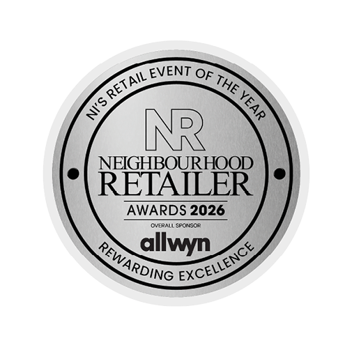 A silver circular badge with the text Neighbourhood Retailer Awards 2026, NJ's Retail Event of the Year, Rewarding Excellence, and overall sponsor allwyn. Description generated by AI