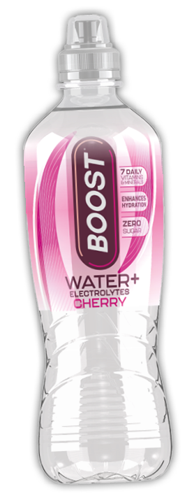 A pink and white pouch labeled BOOST with text highlighting daily vitamins and minerals, enhanced hydration, and zero sugar. Description generated by AI