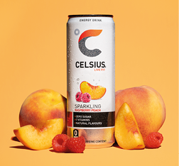 A can of Celsius sparkling raspberry peach energy drink is surrounded by whole and sliced peaches and raspberries on an orange background. Description generated by AI